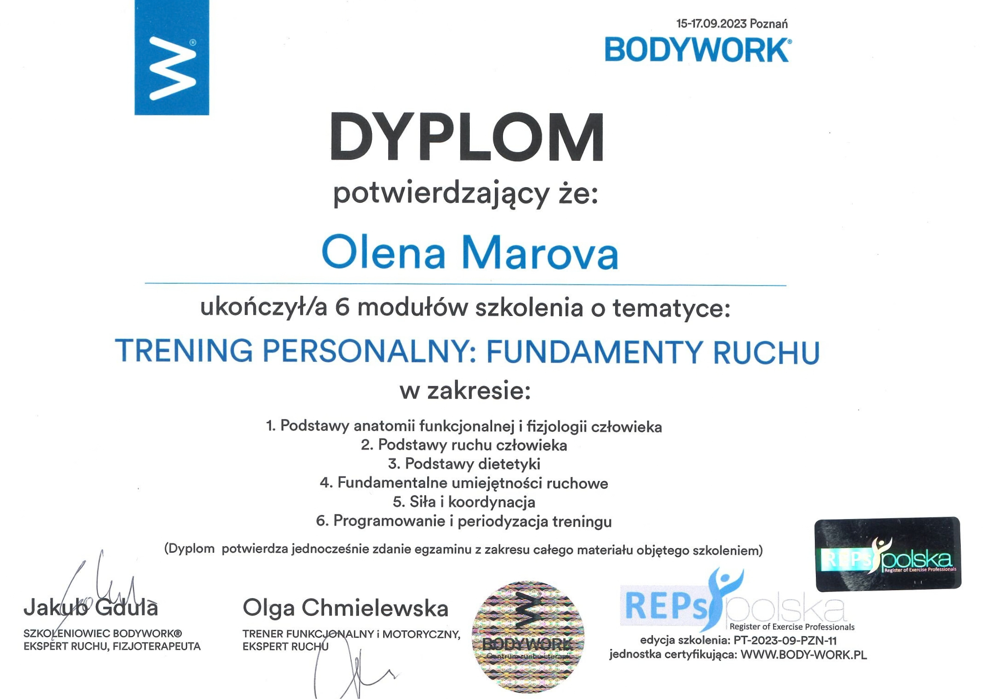 Dyplom Bodywork — Trening personalny: fundamenty ruchu, Olena Marova